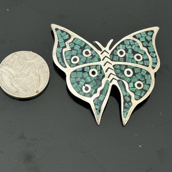 Vtg Large Native Taxco 925 Sterling Silver Inlay Turquoise Butterfly Brooch 13g - Picture 5 of 9